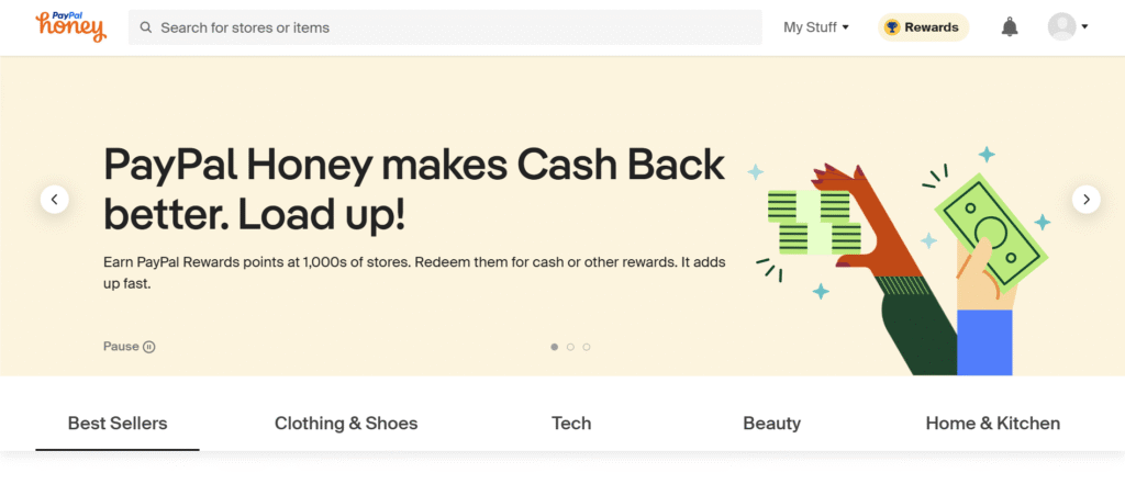 Screenshot of Honey browser extension homepage showing logo and install button.